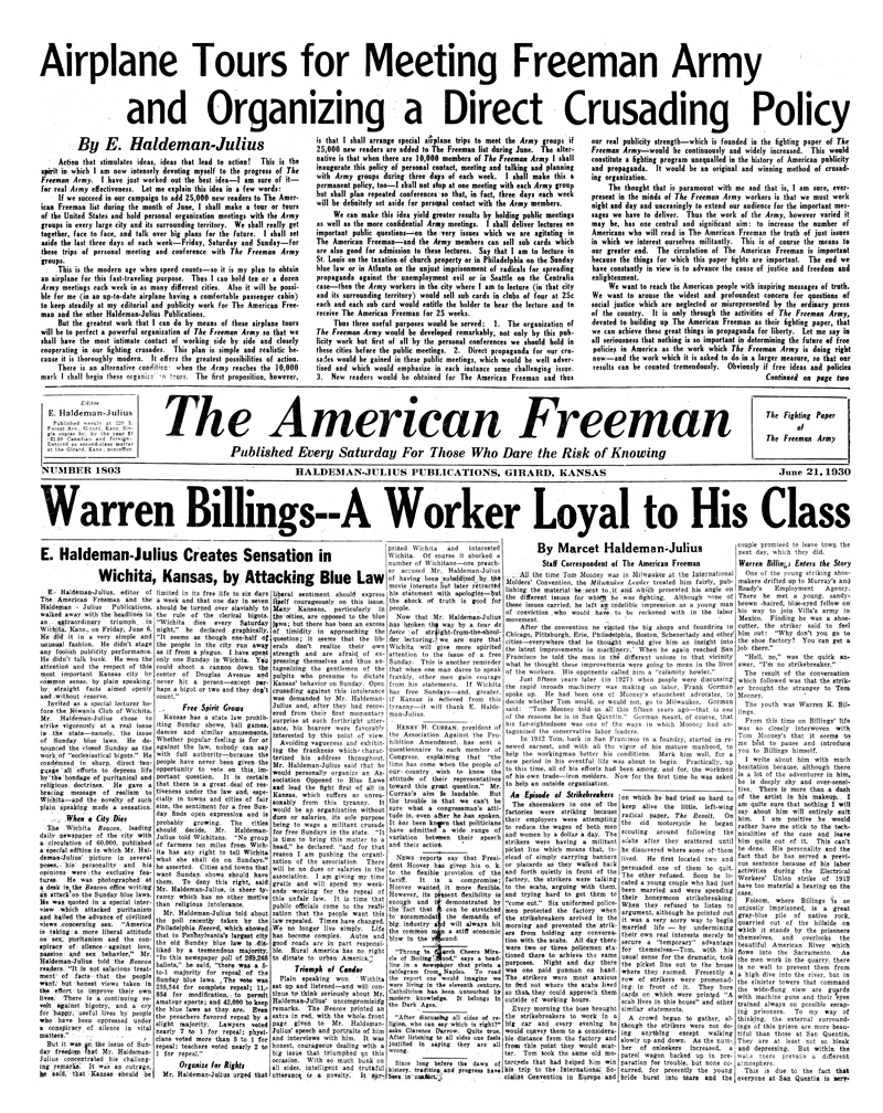 (image for) The American Freeman, Number 1803, June, 21, 1930. - Click Image to Close